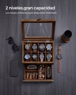 Foto 3 | Foto 3 | Caja De Relojes Con 8 Ranuras Estuche De Relojes De Madera De 2 Niveles Con Tapa De Cristal Nogal Rústico
