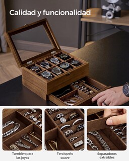 Foto 4 | Foto 4 | Caja De Relojes Con 8 Ranuras Estuche De Relojes De Madera De 2 Niveles Con Tapa De Cristal Nogal Rústico