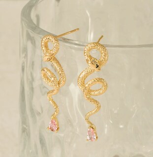 Foto 2 | Foto 2 | Xtellar Aretes Pendientes Largos Dorado 18k Con Diseño Exquisito De Serpiente Y Piedra Rosa