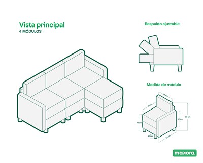 Foto 6 | Foto 6 | Sala De 4 Modúlos Makora Maristella Con Memory Foam Color Oxford Chenille Respaldo Reclinable De 3 Posiciones