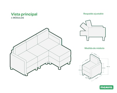 Foto 5 | Foto 5 | Sala De 4 Modúlos Makora Zavian Con Memory Foam Color Oxford Chenille Respaldo Reclinable De 3 Posiciones