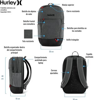 Foto 3 | Foto 3 | Mochila Hurley Peak Backpack Escolar Urbana Resistente Multi Bolsillos Compartimiento Para Laptop Unisex