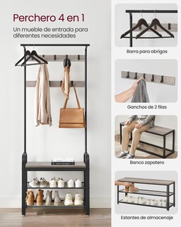 Foto 3 | Foto 3 | Perchero Zapatero Perchero Con Banco Recibidor 4 En 1 9 Ganchos Extraíbles Barra Superior Para Entrada Pasillo