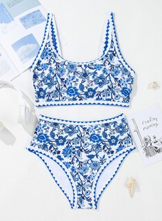 Foto 4 | Foto 4 | Conjunto De Bikini Herseas Con Estampado Floral Y Cintura Alta Acolchado Azul Para Mujer - Venta Internacional.