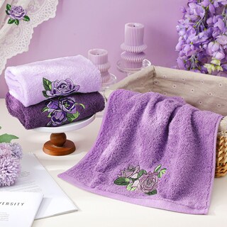 Foto 4 | Foto 4 | Toallas De Mano Fuweave Bordadas Con Rosas Moradas 100% Algodón X3 - Venta Internacional.
