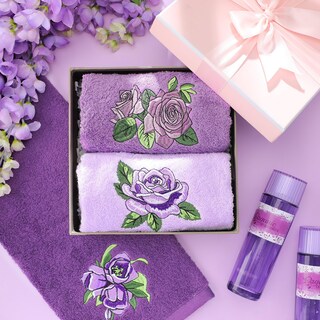 Foto 5 | Foto 5 | Toallas De Mano Fuweave Bordadas Con Rosas Moradas 100% Algodón X3 - Venta Internacional.
