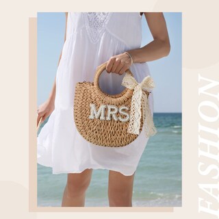 Foto 3 | Foto 3 | Bolso Tejido A Mano Straw Bride Con Diseño De Letra Rosa Mrs. - Venta Internacional.