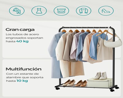 Foto 3 | Foto 3 | Perchero Burro Metálico Con Barra Colgante De 91 Cm Con Estante 2 Ruedas Bloqueables Soporta Hasta 40 Kg