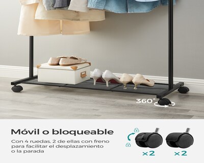 Foto 6 | Foto 6 | Perchero Burro Metálico Con Barra Colgante De 91 Cm Con Estante 2 Ruedas Bloqueables Soporta Hasta 40 Kg