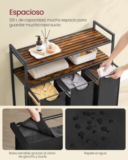 Foto 3 | Foto 3 | Cesto De Ropa Sucia Con 3 Bolsas Extraíbles 40 L Cada Una Con 2 Estantes Baño Lavandería
