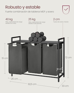 Foto 7 | Foto 7 | Cesto De Ropa Sucia 3 Bolsas Extraíbles Tela Oxford 3x38 L Marco Metálico Con Estante