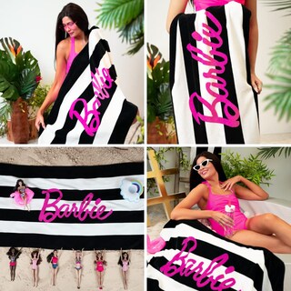 Foto 6 | Foto 6 | Toalla Franco Barbie Barbiecore A Rayas Blancas Y Negras 150x75 Cm - Venta Internacional.