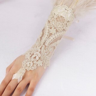 Foto 6 | Foto 6 | Guantes Largos Para Mujer Color Caqui Encaje Con Plumas Bruja Halloween X2 - Venta Internacional.