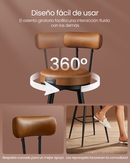 Foto 7 | Foto 7 | Juego De 2 Taburetes De Bar Sillas Giratorias De Barra Con Respaldo Altura 76 Cm Cuero Sintético Costuras Moderno