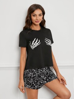 Foto 3 | Foto 3 | Conjunto De Pijama Laqeyko Halloween Skeleton Para Mujer Manga Corta - Venta Internacional.