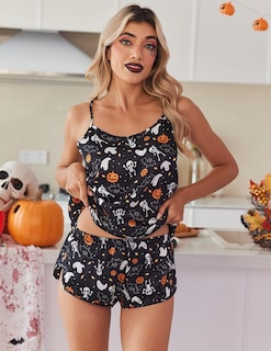 Foto 2 | Foto 2 | Conjunto De Pijama Ekouaer De Satén De Seda Con Estampado De Halloween Para Mujer - Venta Internacional.