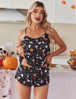 Foto 2 | Foto 2 | Conjunto De Pijama Ekouaer De Satén De Seda Con Estampado De Halloween Para Mujer - Venta Internacional.