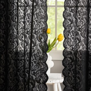 Foto 2 | Foto 2 | Cortinas Aligogo De Encaje Floral Negro Semitransparente  280 X 260 Cm  2 Paneles - Venta Internacional.