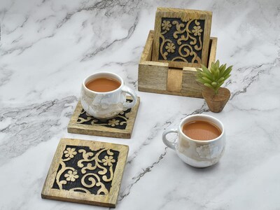 Foto 1 | Foto 1 | Set De Posavasos Store Indya Cuadrados De Madera Con Soporte Acabado Negro - Venta Internacional.