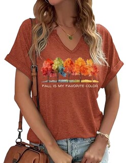Foto 1 | Foto 1 | Camisa Earlymemb Para Mujer Cuello En V Estampado De Árboles Y Hojas De Otoño Marrón - Venta Internacional.