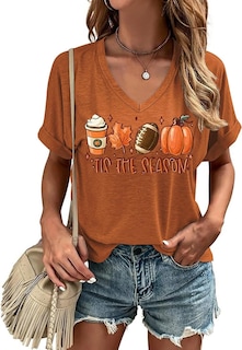 Foto 1 | Foto 1 | Camiseta Kyvpo Con Cuello En V Para Halloween Calabaza Y Otoño Xxl Marrón - Venta Internacional.