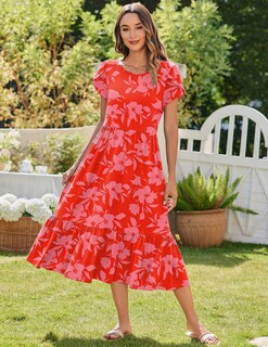 Foto 2 | Foto 2 | Vestido Zeagoo 2025 Para Mujer Manga Corta Estampado Floral Rojo Talla M - Venta Internacional.