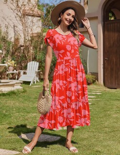 Foto 3 | Foto 3 | Vestido Zeagoo 2025 Para Mujer Manga Corta Estampado Floral Rojo Talla M - Venta Internacional.