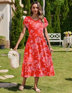 Foto 4 | Foto 4 | Vestido Zeagoo 2025 Para Mujer Manga Corta Estampado Floral Rojo Talla M - Venta Internacional.