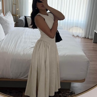 Foto 3 | Foto 3 | Vestido Midi De Lino Sin Mangas Con Pliegues Laterales Meokim Para Mujer - Venta Internacional.