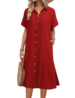 Foto 1 | Foto 1 | Vestido Hotouch Casual De Verano De Lino Con Botones Color Rojo Vino - Venta Internacional.