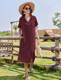 Foto 2 | Foto 2 | Vestido Hotouch Casual De Verano De Lino Con Botones Color Rojo Vino - Venta Internacional.