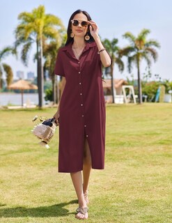 Foto 4 | Foto 4 | Vestido Hotouch Casual De Verano De Lino Con Botones Color Rojo Vino - Venta Internacional.