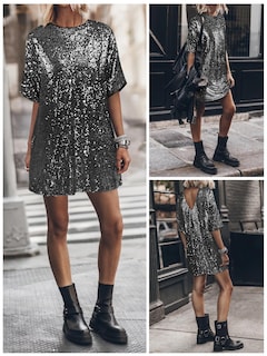 Foto 3 | Foto 3 | Vestido Miyieonz Con Cuello Redondo Y Lentejuelas Reversible Negro Para Mujer - Venta Internacional.