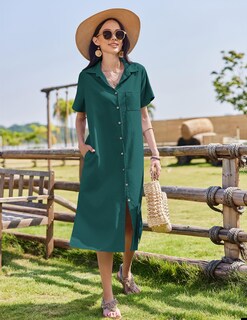 Foto 2 | Foto 2 | Vestido Hotouch De Lino De Manga Corta Para Verano Casual Verde Lago - Venta Internacional.