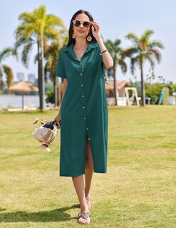 Foto 4 | Foto 4 | Vestido Hotouch De Lino De Manga Corta Para Verano Casual Verde Lago - Venta Internacional.