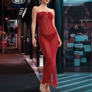 Foto 4 | Foto 4 | Vestido Linnsujh De Malla Transparente Burdeos Maxi Cola De Pez Para Mujer - Venta Internacional.
