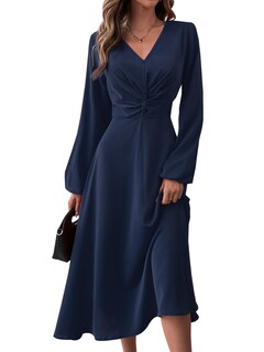 Foto 1 | Foto 1 | Vestido Lalalin De Manga Larga Con Cuello En V Y Cintura Torcida Para Mujer Maxi Azul - Venta Internacional.