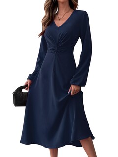 Foto 3 | Foto 3 | Vestido Lalalin De Manga Larga Con Cuello En V Y Cintura Torcida Para Mujer Maxi Azul - Venta Internacional.