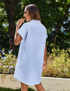 Foto 5 | Foto 5 | Minivestido Zeagoo De Manga Corta A Rayas Con Cuello En V Y Botones - Venta Internacional.