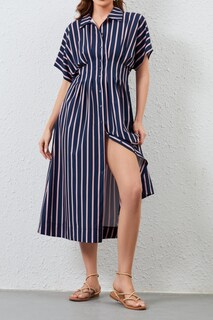 Foto 2 | Foto 2 | Vestido Largo Dsewpaur A Rayas Con Botones En La Parte Delantera Camisa Plisada Azul Marino - Venta Internacional.