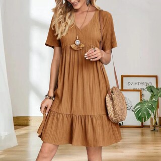 Foto 3 | Foto 3 | Vestido De Verano Gchanao 2025 Para Mujer Manga Corta Cuello En V Marrón - Venta Internacional.