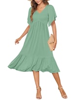 Vestido De Verano Auselily Para Mujer Cuello En V Manga Corta Midi Verde - Venta Internacional.