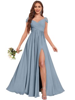 Foto 1 | Foto 1 | Vestido De Dama De Honor Fu Jiang De Gasa Azul Empolvado Con Hombros Descubiertos - Venta Internacional.