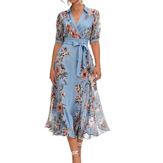 Foto 1 | Foto 1 | Vestido De Verano Loz 2025 Azul Con Estampado Floral Y Manga Corta Con Cuello En V - Venta Internacional.