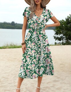 Foto 5 | Foto 5 | Vestido Zeagoo Para Primavera 2025 Y Verano Con Bolsillos Cuello En V Verde Y Estampado Floral - Venta Internacional.