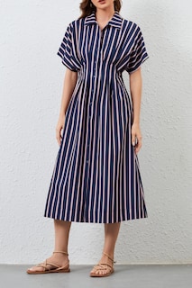 Foto 2 | Foto 2 | Vestido Maxi Camisero Jeibkouy A Rayas Manga Corta Cuello En V Azul Marino - Venta Internacional.