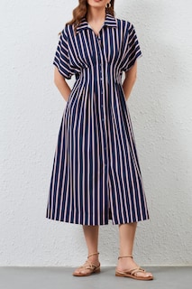 Foto 3 | Foto 3 | Vestido Maxi Camisero Jeibkouy A Rayas Manga Corta Cuello En V Azul Marino - Venta Internacional.