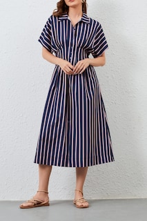 Foto 4 | Foto 4 | Vestido Maxi Camisero Jeibkouy A Rayas Manga Corta Cuello En V Azul Marino - Venta Internacional.