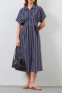 Foto 5 | Foto 5 | Vestido Maxi Camisero Jeibkouy A Rayas Manga Corta Cuello En V Azul Marino - Venta Internacional.