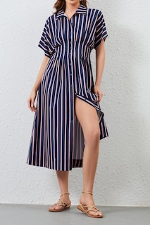 Foto 6 | Foto 6 | Vestido Maxi Camisero Jeibkouy A Rayas Manga Corta Cuello En V Azul Marino - Venta Internacional.